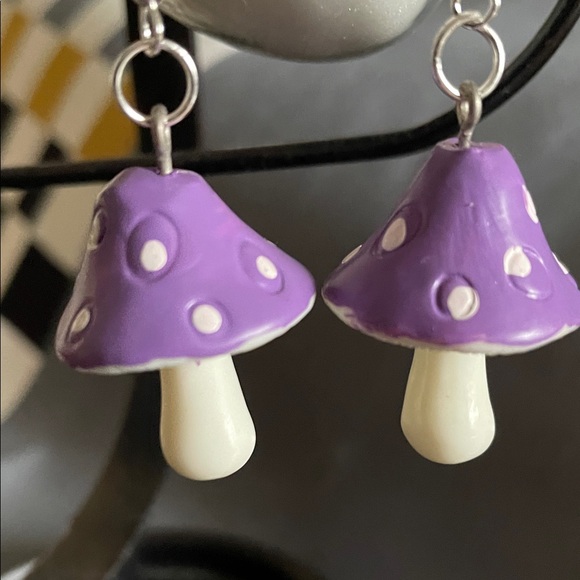 Hand Crafted Purple and White Ceramic Mushroom Earrings - Picture 4 of 5